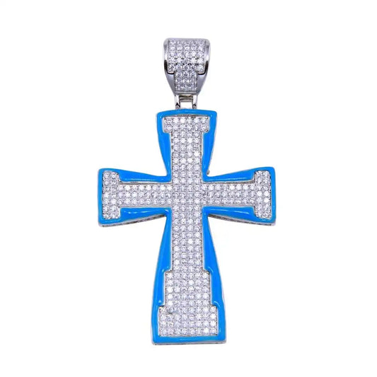 925 Sterling Silver Rhodium Plated Blue Glow Enamel CZ Cross Pendant