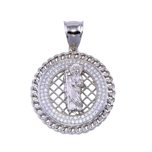 925 Sterling Silver Rhodium Plated CZ Encrusted St. Jude Disc Pendant