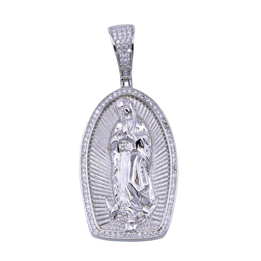 925 Sterling Silver Rhodium Plated CZ Our Lady of Guadalupe Pendant