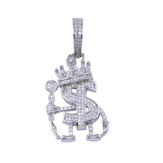 925 Sterling Silver Rhodium Plated CZ Dollar King Pendant