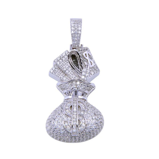 925 Sterling Silver Rhodium Plated CZ Bag of Cash Pendant