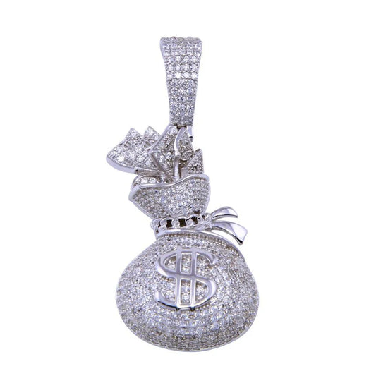 925 Sterling Silver Rhodium Plated CZ Money Bag Pendant