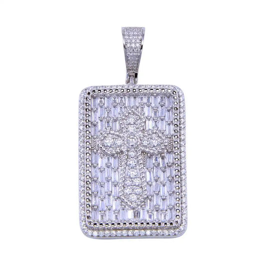 925 Sterling Silver Rhodium Plated CZ Cross Tag Pendant