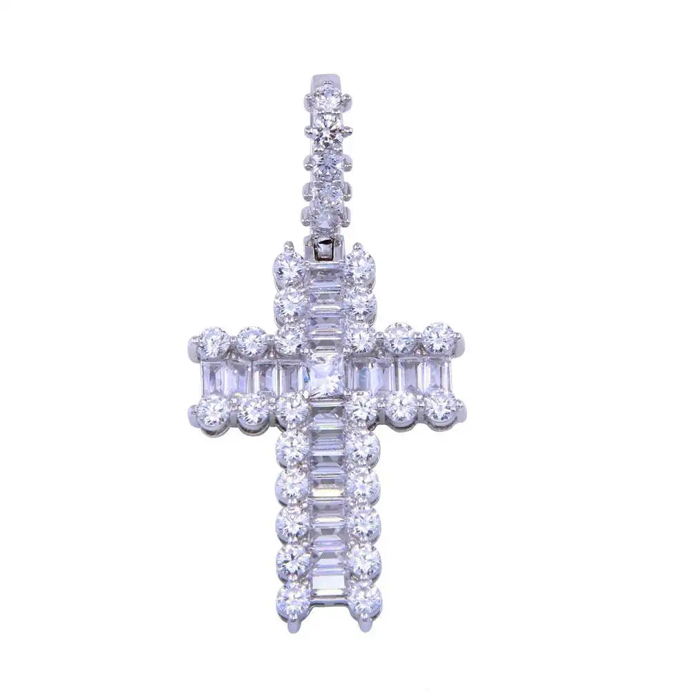 925 Sterling Silver Rhodium Plated CZ Bordered Baguette Cross Pendant