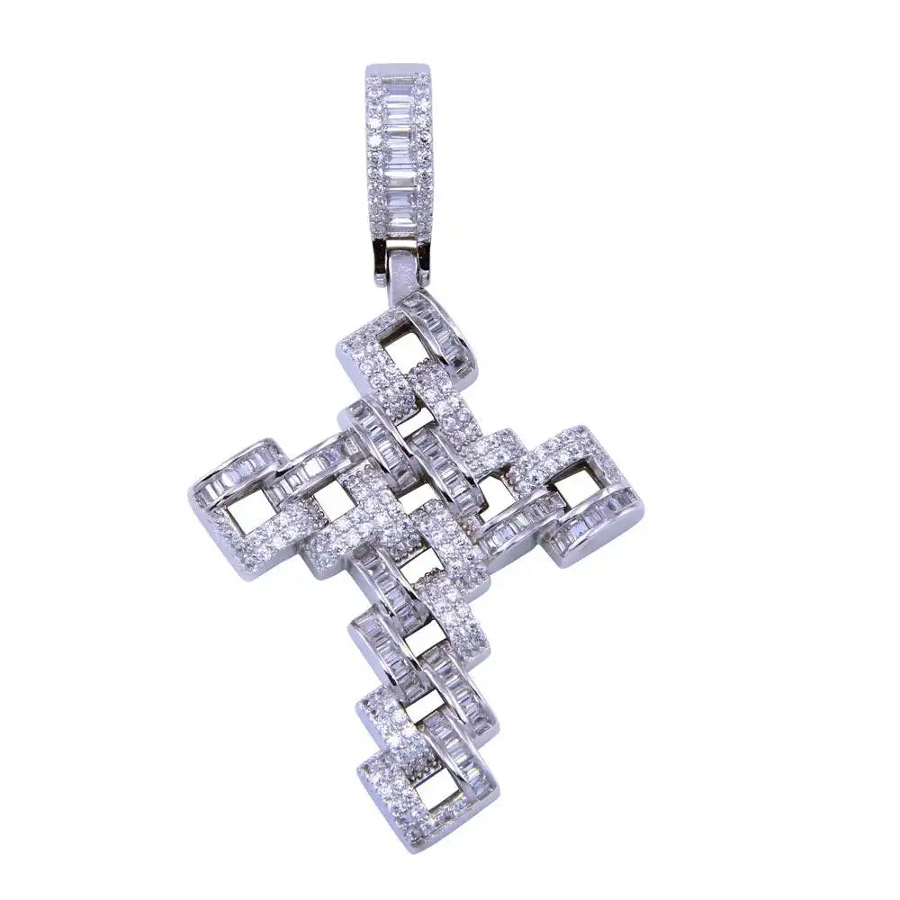 925 Sterling Silver Rhodium Plated CZ Link Cross Pendant
