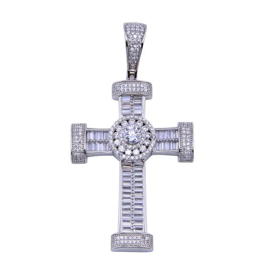 925 Sterling Silver Rhodium Plated CZ Disc Center Cross Pendant