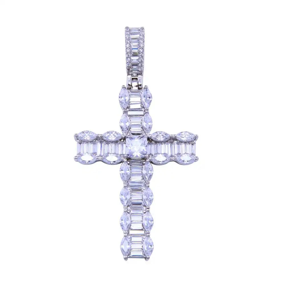 925 Sterling Silver Rhodium Plated CZ Baguette Cross Pendant