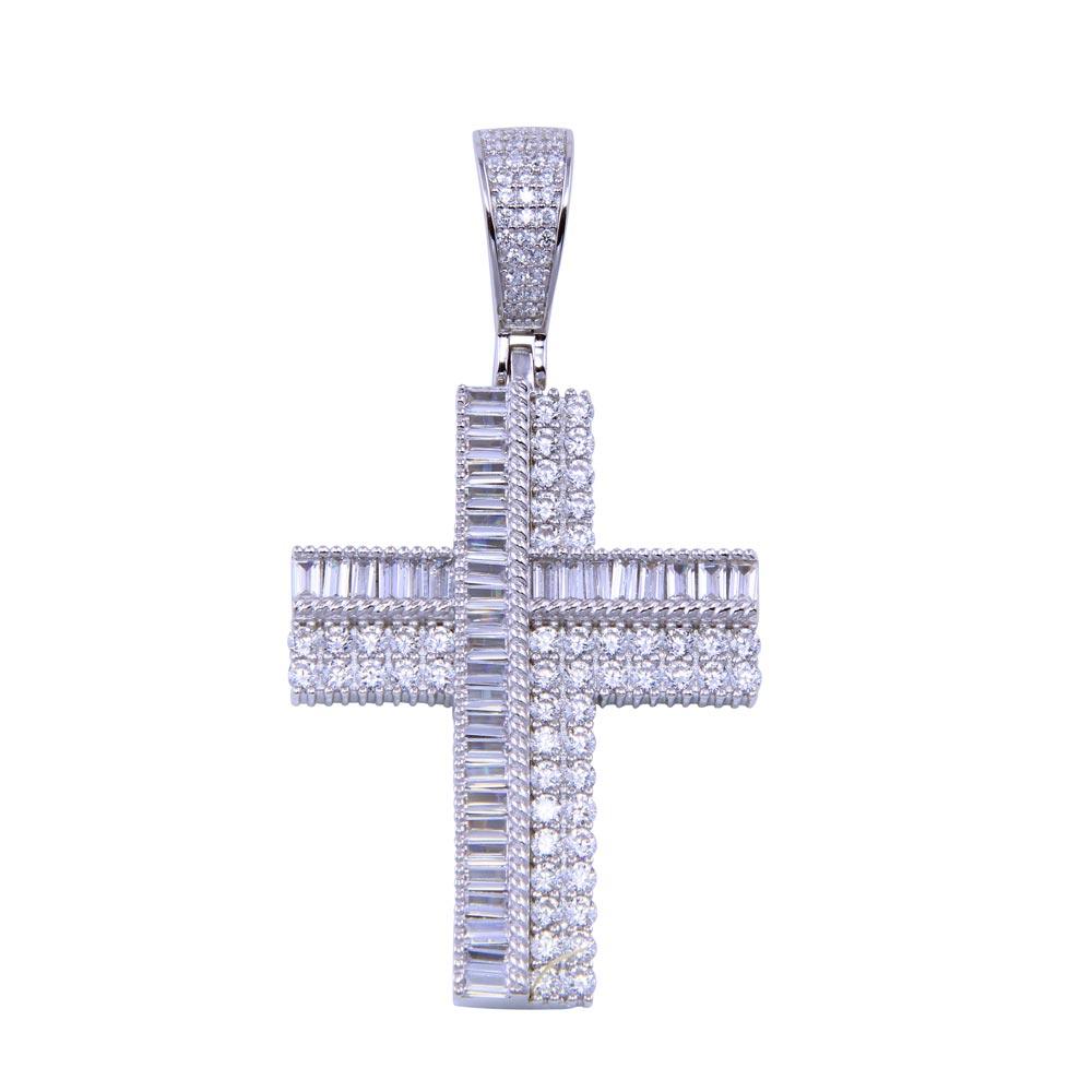 925 Sterling Silver Rhodium Plated CZ Dual Cross Pendant