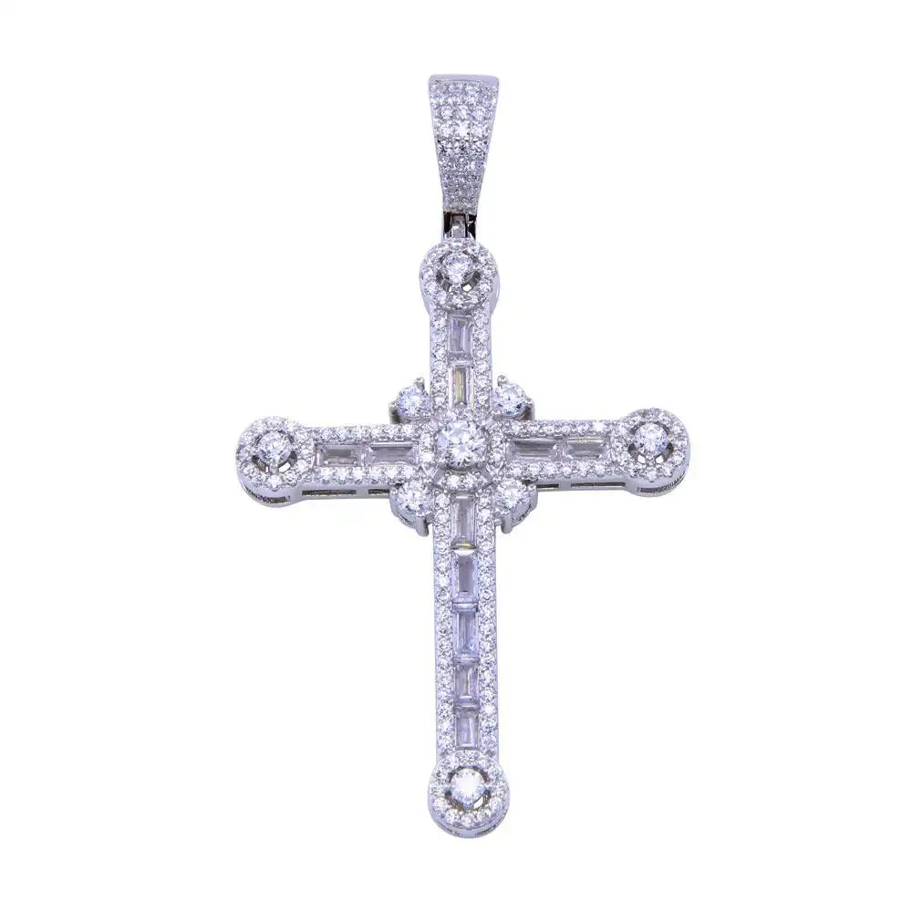 925 Sterling Silver Rhodium Plated CZ Baguette Cross Pendant