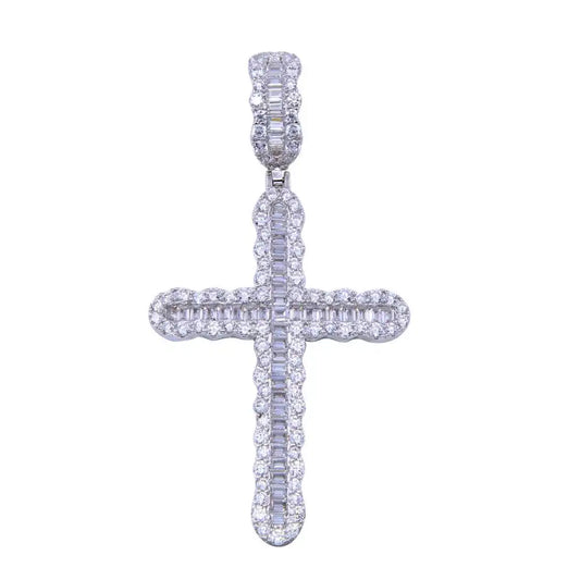925 Sterling Silver Rhodium Plated CZ Bordered Cross Pendant