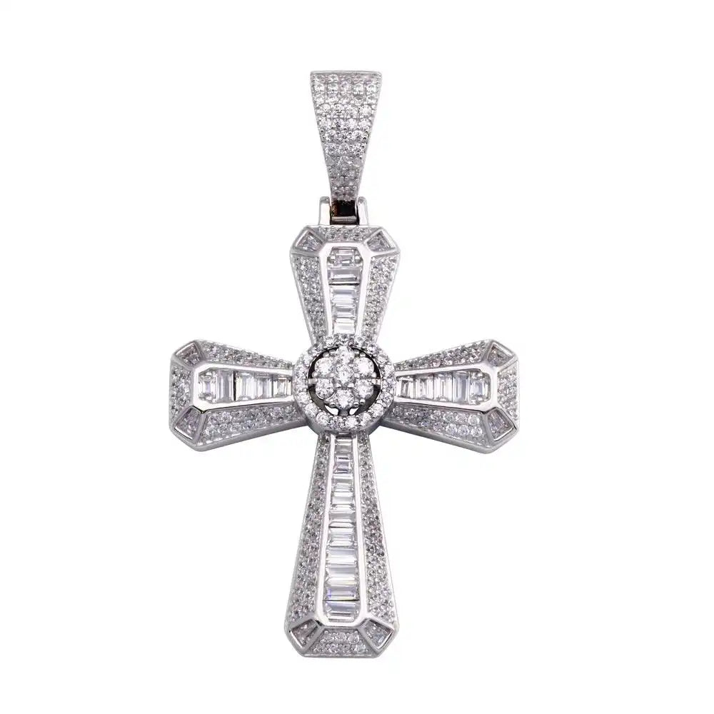 925 Sterling Silver Rhodium Plated CZ Cross Disc Center Hip Hop Pendant