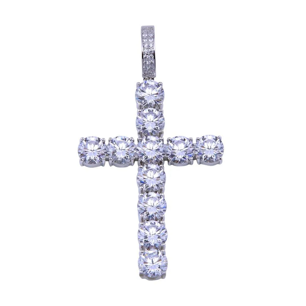925 Sterling Silver Rhodium Plated CZ Large Bubble Cross Pendant