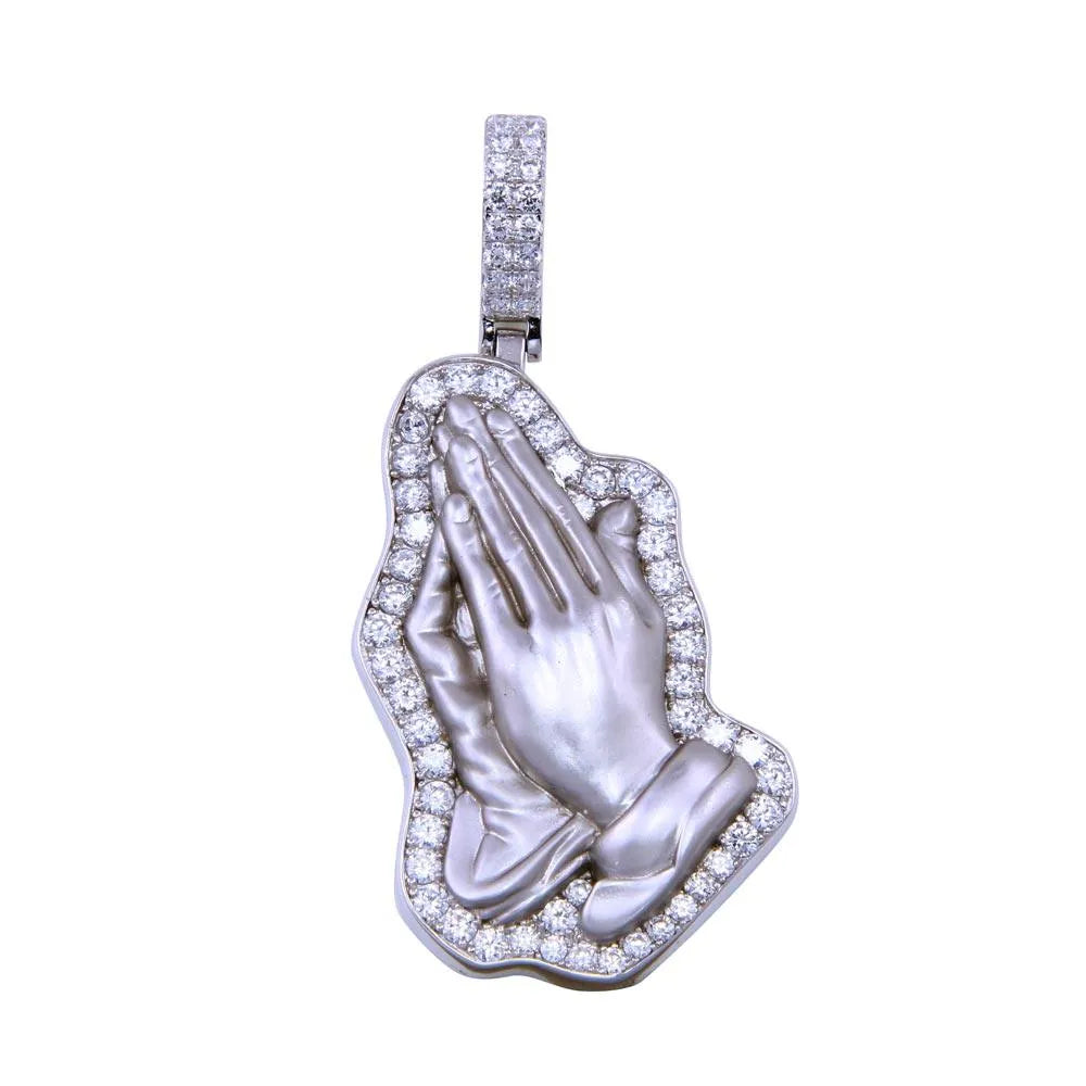 925 Sterling Silver Rhodium Plated CZ Prayer Hand Pendant