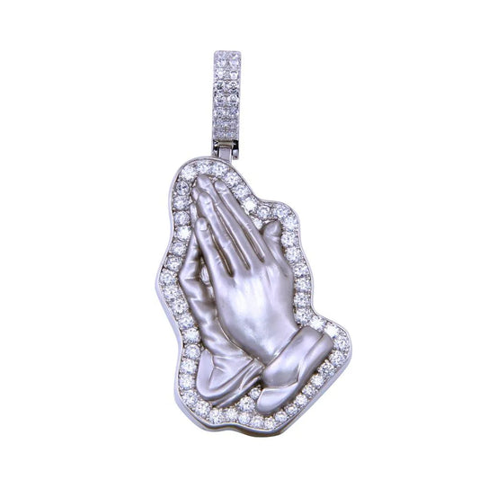 925 Sterling Silver Rhodium Plated CZ Prayer Hand Pendant