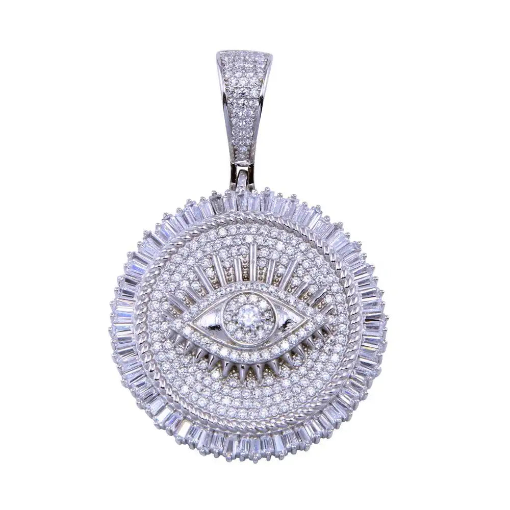 925 Sterling Silver Rhodium Plated CZ Encrusted Eye Disc Pendant