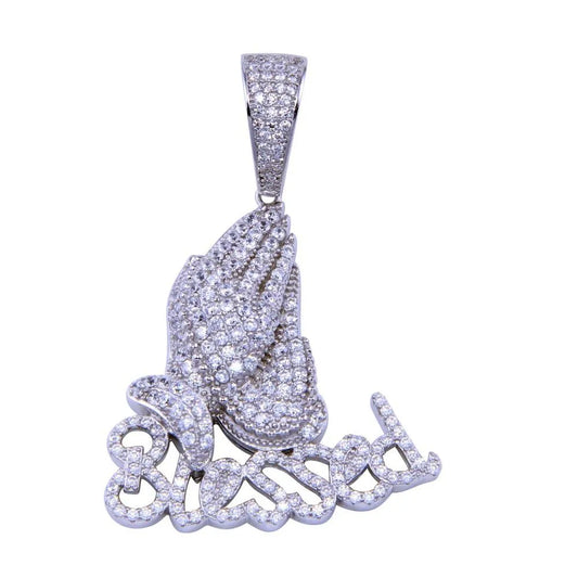 925 Sterling Silver Rhodium Plated CZ Blessed Prayer Hand Pendant