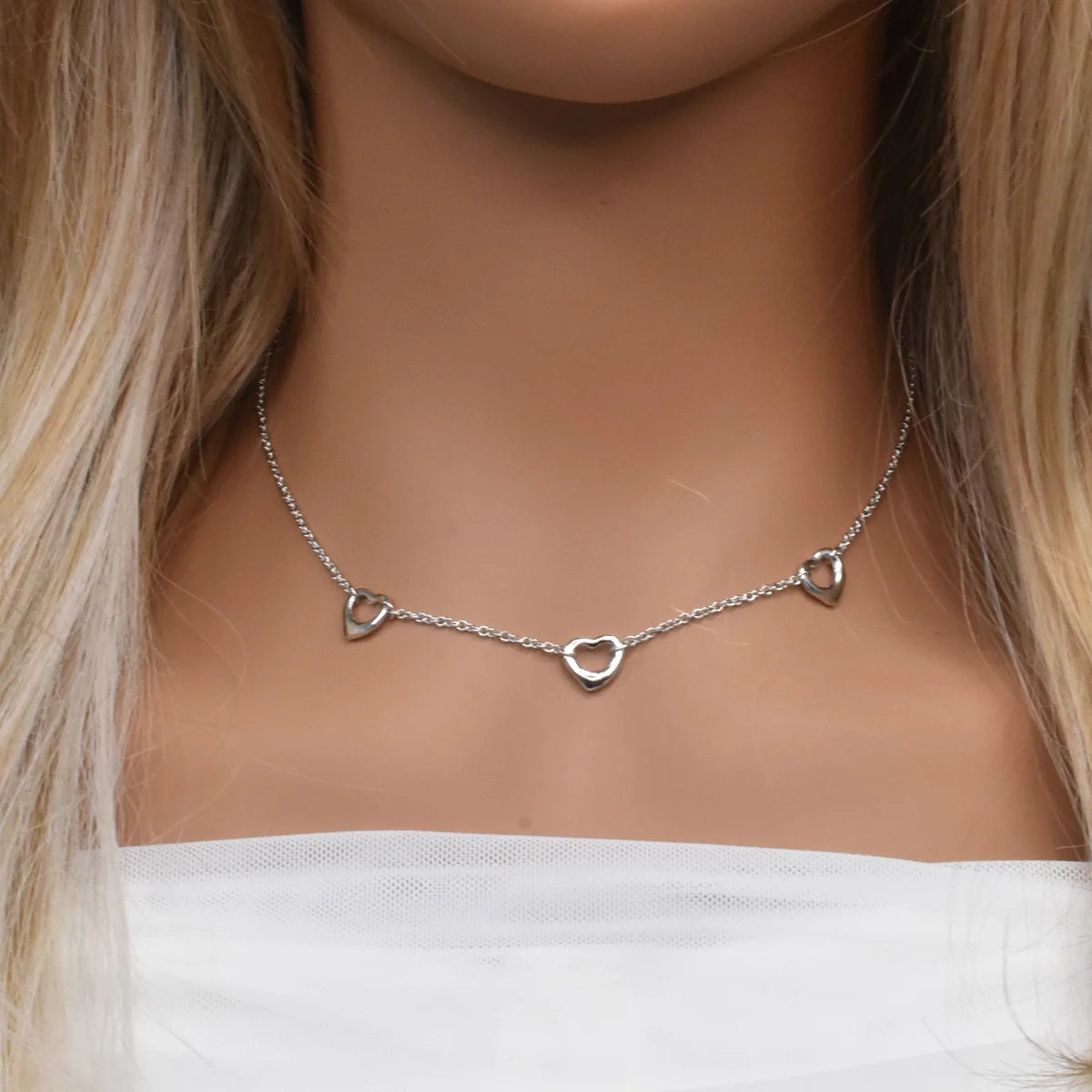 925 Sterling Silver Rhodium Plated Multi Heart Necklace