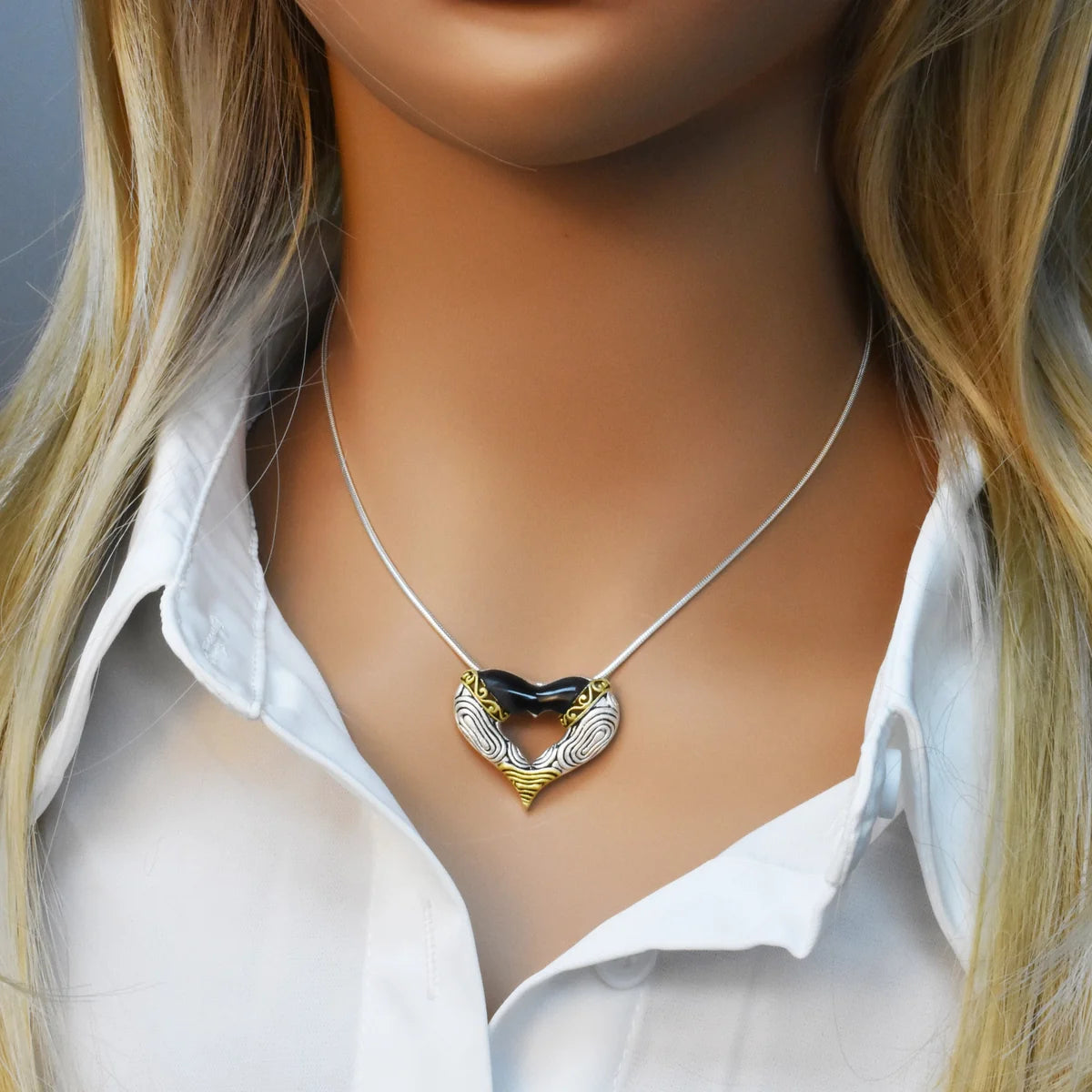 925 Sterling Silver Clearance-Matte Finish Three-Tone Open Heart Pendant