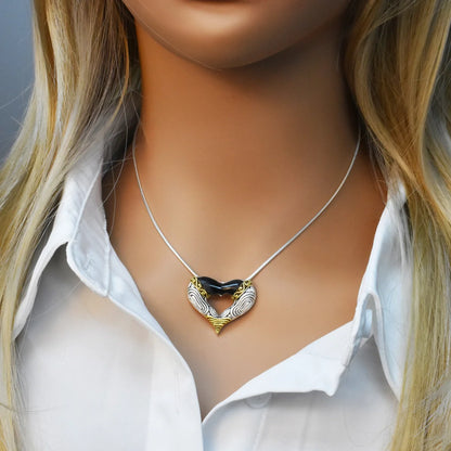 925 Sterling Silver Clearance-Matte Finish Three-Tone Open Heart Pendant