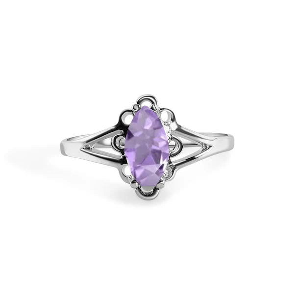 925 Sterling Silver Rhodium Plated Marquise Birthstone Filigree Ring