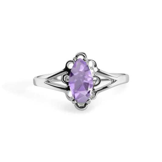 925 Sterling Silver Rhodium Plated Marquise Birthstone Filigree Ring