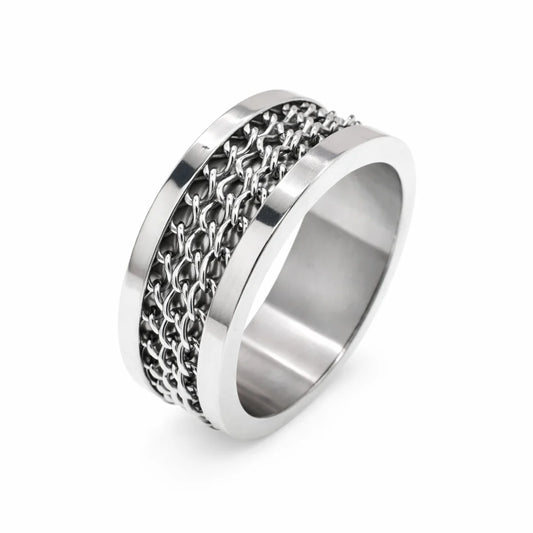 Stainless Steel Rhodium Plated Chain Link Inlay Men's Ring