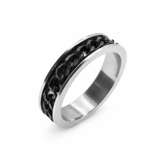 Stainless Steel Black & Rhodium Plated Chain Link Spinner Ring