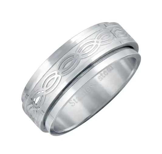 Stainless Steel Rhodium Plated Tribal Interlocking Oval Design Men's Spinner Ring