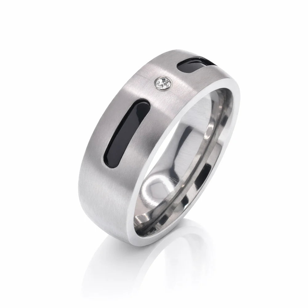 Stainless Steel Rhodium Plated Black Inlay Solitaire CZ Men's Ring