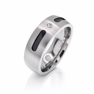 Stainless Steel Rhodium Plated Black Inlay Solitaire CZ Men's Ring