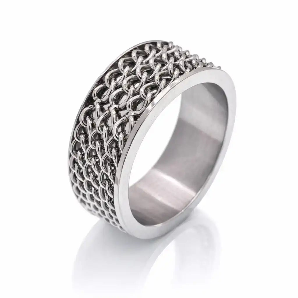 Stainless Steel Rhodium Plated 3 Row Chain Link Band Ring