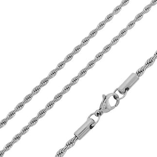 Stainless Steel Rhodium Plated 3 MM Rope Link Chain Necklace