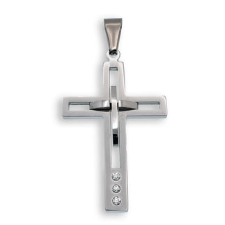 Stainless Steel Rhodium Plated Cross Clear CZ Pendant