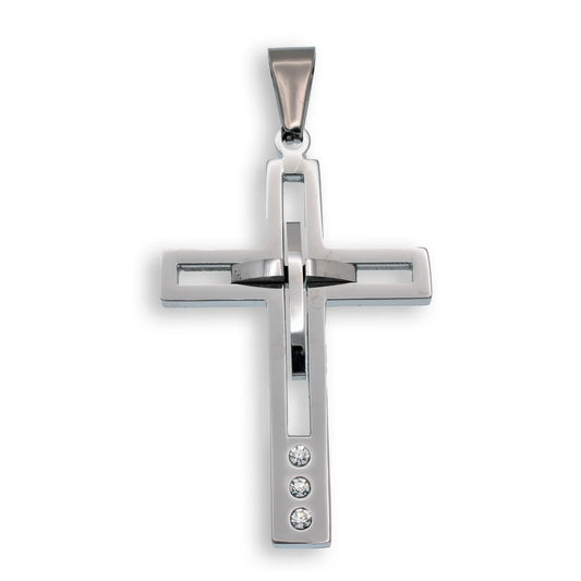 Stainless Steel Rhodium Plated Cross Clear CZ Pendant