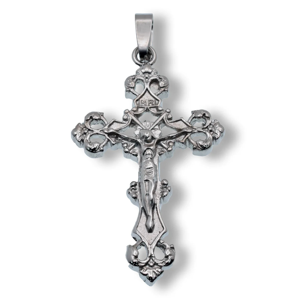 Stainless Steel Rhodium Plated Ornate Cross Gothic Filigree 27.3mm x 46.9mm Pendant