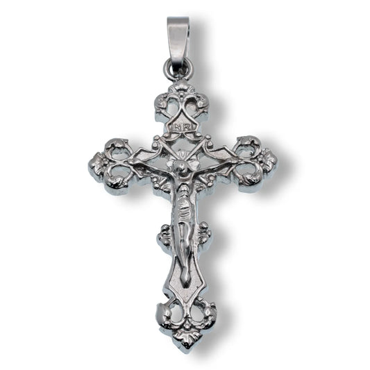 Stainless Steel Rhodium Plated Ornate Cross Gothic Filigree 27.3mm x 46.9mm Pendant