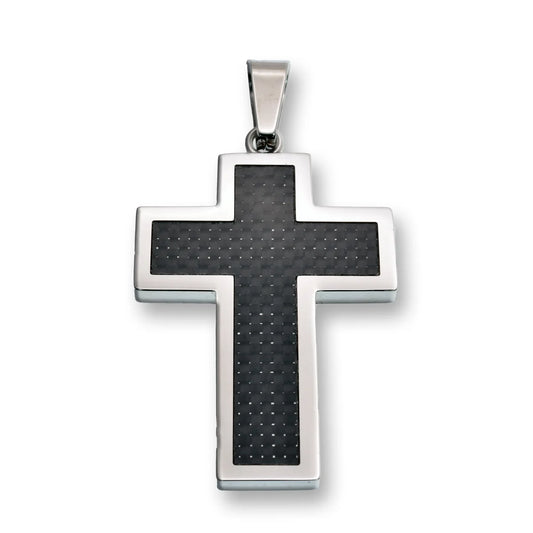 Stainless Steel Rhodium Plated Cross Carbon Fiber Inlay Silver Edging 28.1mm x 39mm Pendant