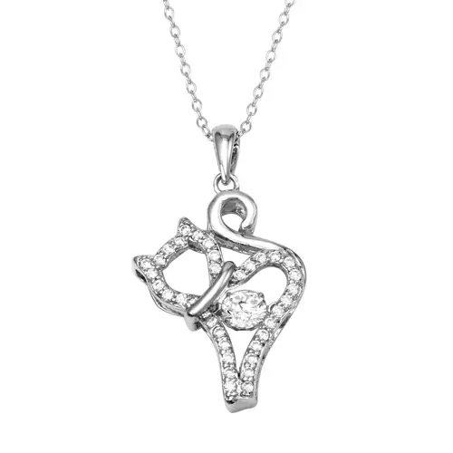 925 Sterling Silver Rhodium Plated Cat Necklace with Dancing CZ