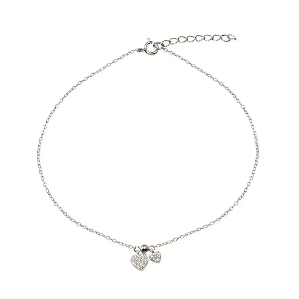 925 Sterling Silver Rhodium Plated 2 Dangling Hearts Clear CZ Anklet