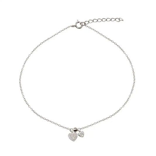 925 Sterling Silver Rhodium Plated 2 Dangling Hearts Clear CZ Anklet
