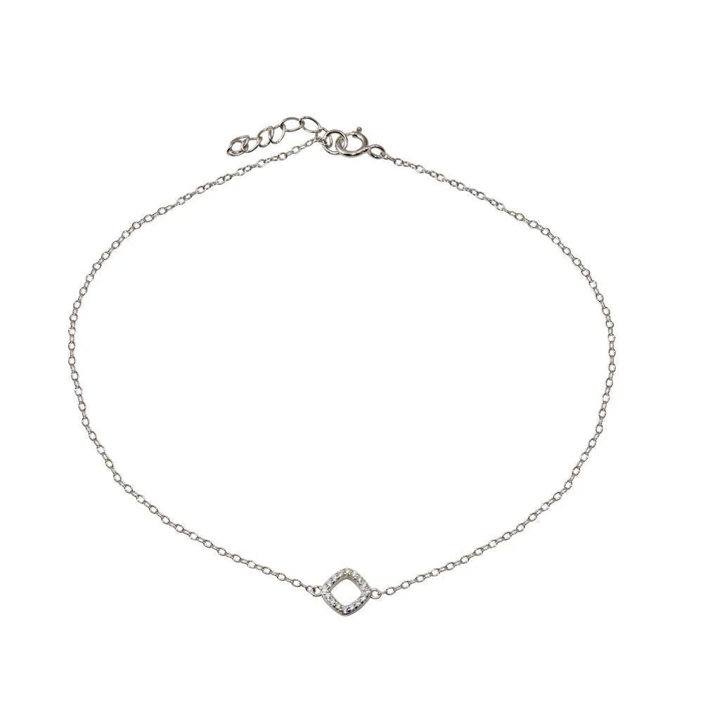 925 Sterling Silver Rhodium Plated Dangling Square Clear CZ Anklet