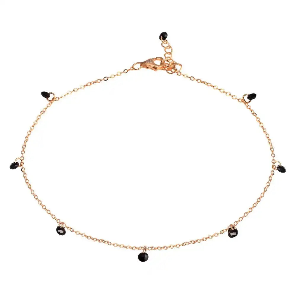 925 Sterling Silver Rose Gold Plated Dangling Black CZ Anklet