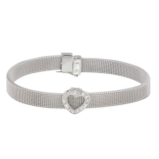 925 Silver Rhodium Plated Heart Clear CZ Mesh Bracelet