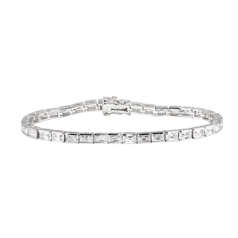 925 Silver Rhodium Plated Clear Baguette CZ Tennis Bracelet