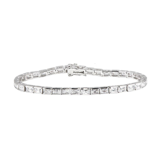 925 Silver Rhodium Plated Clear Baguette CZ Tennis Bracelet