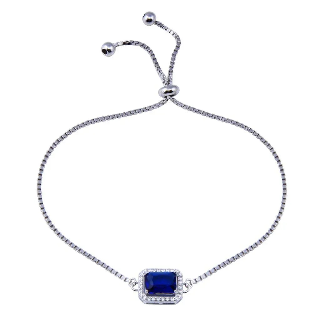 925 Sterling Silver Rhodium Plated Round Blue and Clear CZ Rectangle Adjustable Bracelet