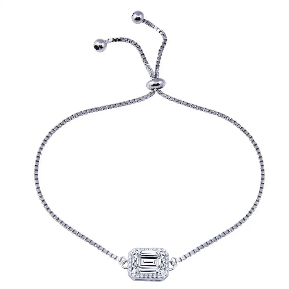 925 Sterling Silver Rhodium Plated Round Clear CZ Rectangle Adjustable Bracelet