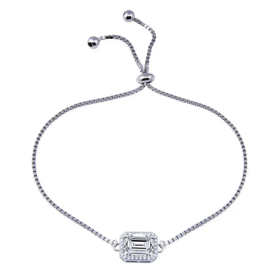 925 Sterling Silver Rhodium Plated Round Clear CZ Rectangle Adjustable Bracelet