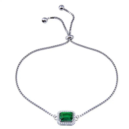 925 Sterling Silver Rhodium Plated Round Green and Clear CZ Rectangle Adjustable Bracelets