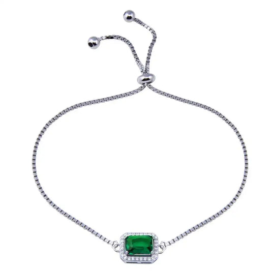 925 Sterling Silver Rhodium Plated Round Green and Clear CZ Rectangle Adjustable Bracelets